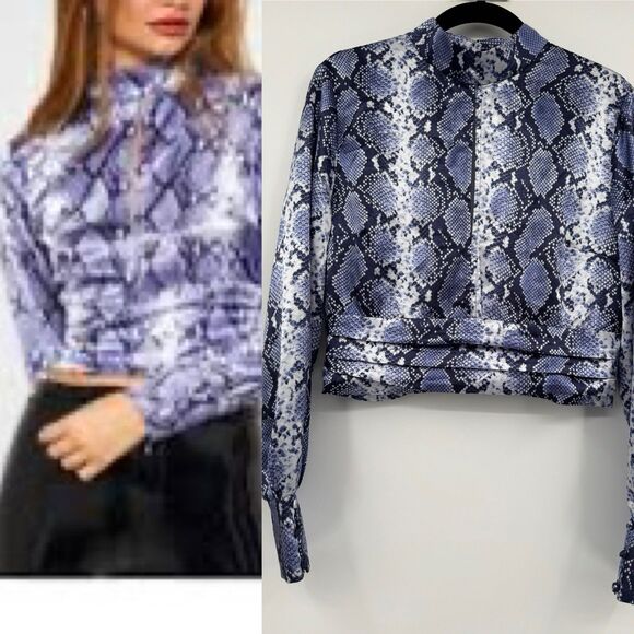Topshop Tops - Topshop Python Snake Print Satin Crop Top Navy Mock Neck Long Sleeve Chic Blouse